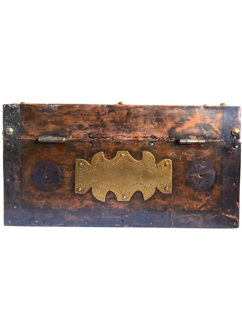 Antique Anglo-Indian Coper Clad Wood Box Brass Hardware & Handles c.1900 Patina - Picture 4 of 16